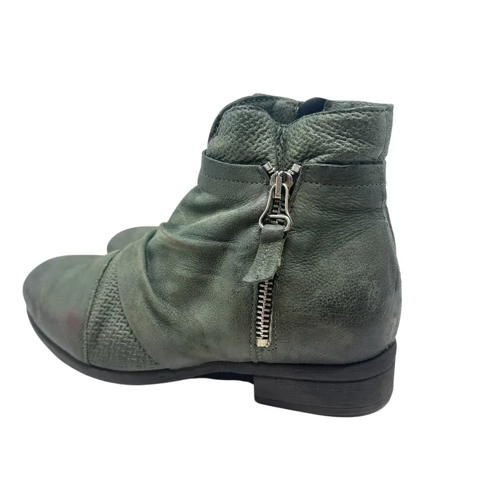 Miz Mooz Sunny Green Leather‎ Ankle Booties Boots Ruched Zip EU 36 US 6 Womens